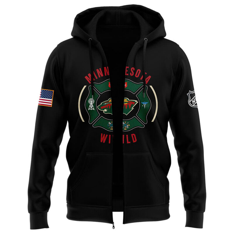 Minnesota Wild x 2024 Firefighter Appreciation Night Premium Limited Navy Pullover Zip Hoodie V3 - Image 2