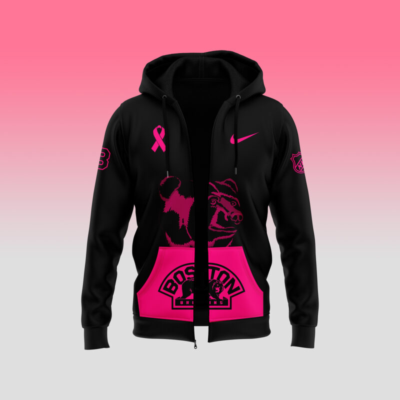 Unisex Nike Pro Boston Bruins 2024 NHL Breast Cancer Awareness Month Zip Hoodie - Image 2