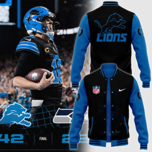 Men's NFL Pro Line by JH Design Black x Blue Detroit Lions Full-Bomber Lightweight Jacket