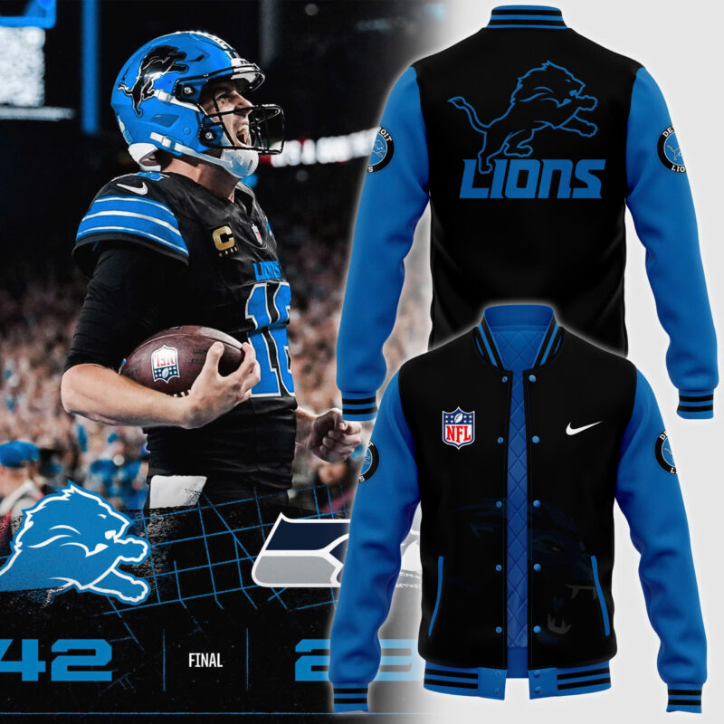 Men's NFL Pro Line by JH Design Black x Blue Detroit Lions Full-Bomber Lightweight Jacket