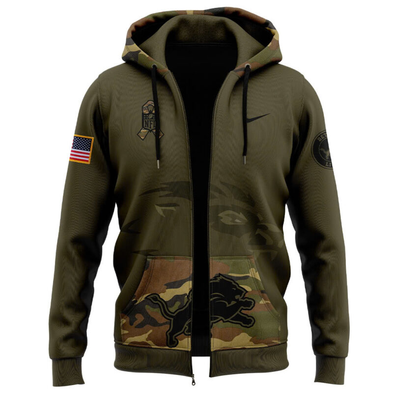 Men’s Detroit Lions Nike Camo 2024 Salute to Service Club Fleece Pullover Zip Hoodie - Image 2