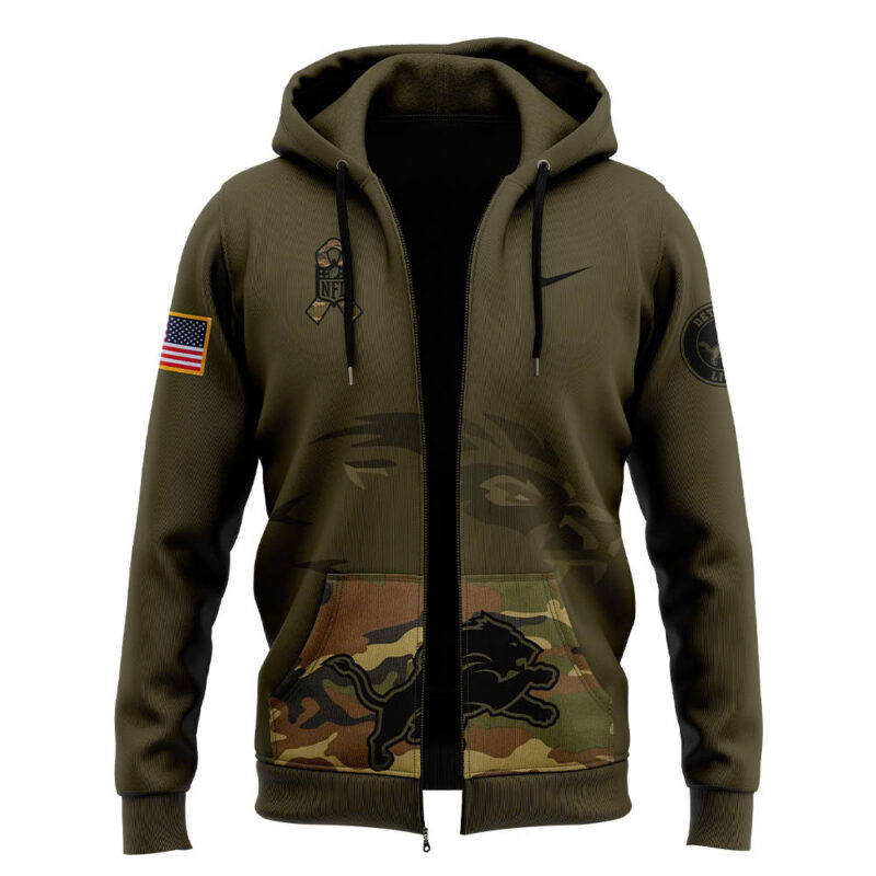 Men’s Detroit Lions Nike Camo 2024 Salute to Service Club Fleece Pullover Hoodie Zip Hoodie - Image 2