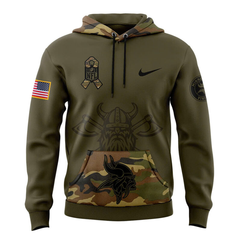 Men’s Minnesota Vikings Nike Camo 2024 Salute to Service Club Fleece Pullover Hoodie V2 - Image 2