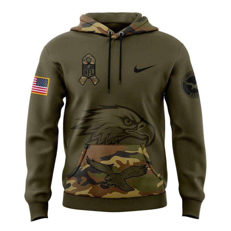 Men’s Philadelphia Eagles Nike Camo 2024 Salute to Service Club Fleece Pullover Hoodie V2 - Image 2