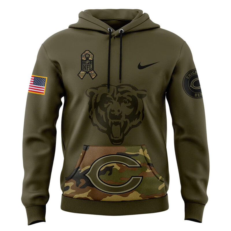 Men’s Chicago Bears Nike Camo 2024 Salute to Service Club Fleece Pullover Hoodie - Image 2