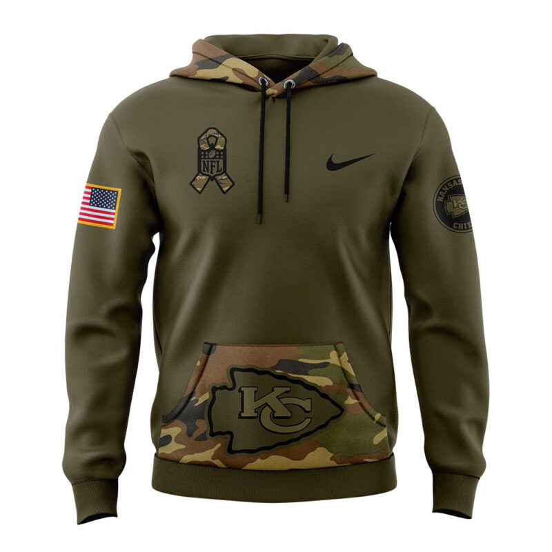Men’s Kansas City Chiefs Nike Camo 2024 Salute to Service Club Fleece Pullover Hoodie V3 - Image 2