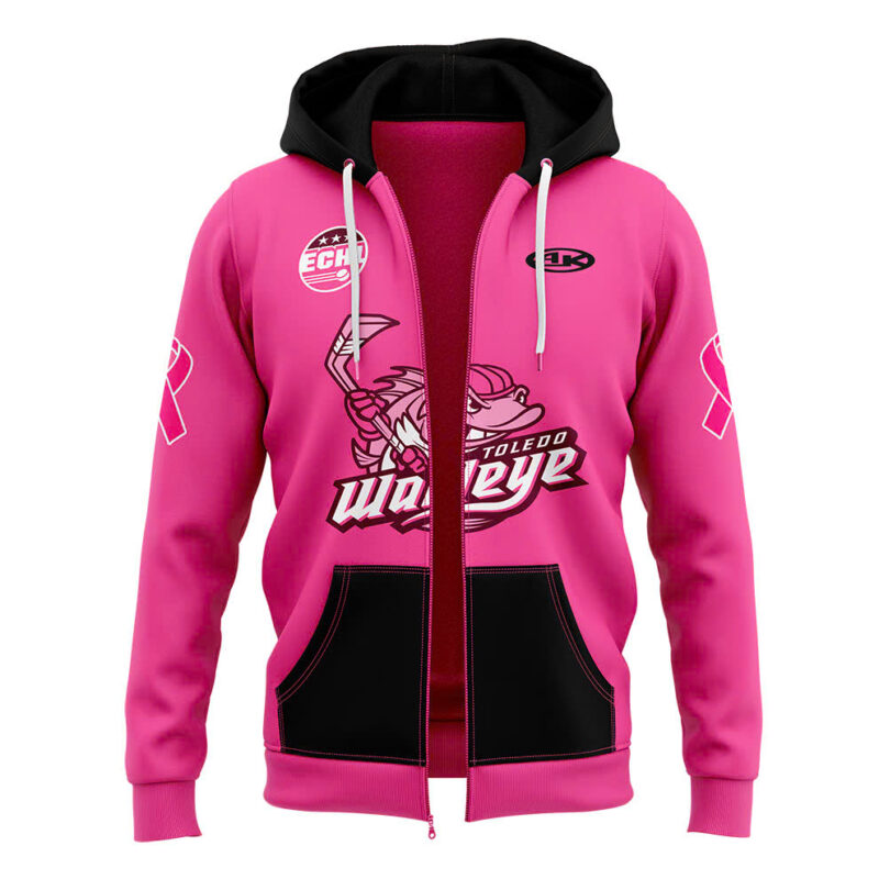 Toledo Walleye x 2025 Pink in the Rink Limited Edition Pullover Zip Hoodie - Image 2