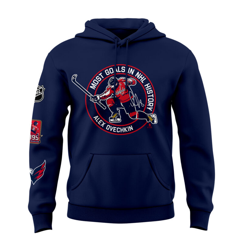 New Alexander Ovechkin Washington Capitals NHL All-Time Leading Goal Scorer Cross Sticks Hoodie Navy 2025. - Image 2