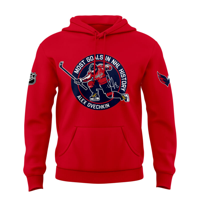 New Alexander Ovechkin Washington Capitals NHL All-Time Leading Goal Scorer Cross Sticks Hoodie Red2 2025. - Image 2