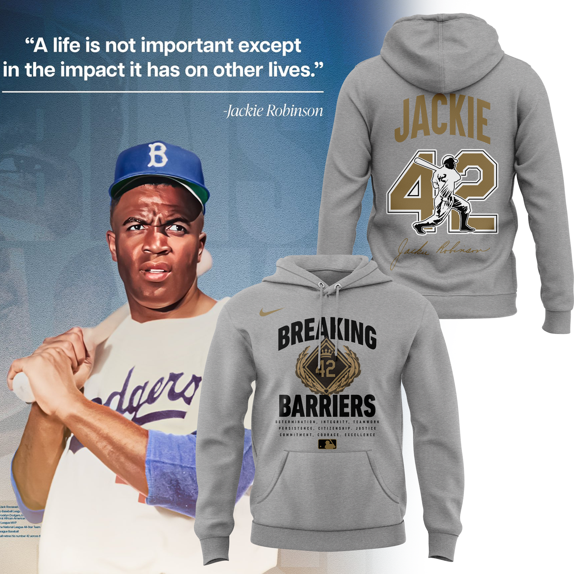 New MLB Commemorating the historic career of Jackie Robinson Hoodie.
